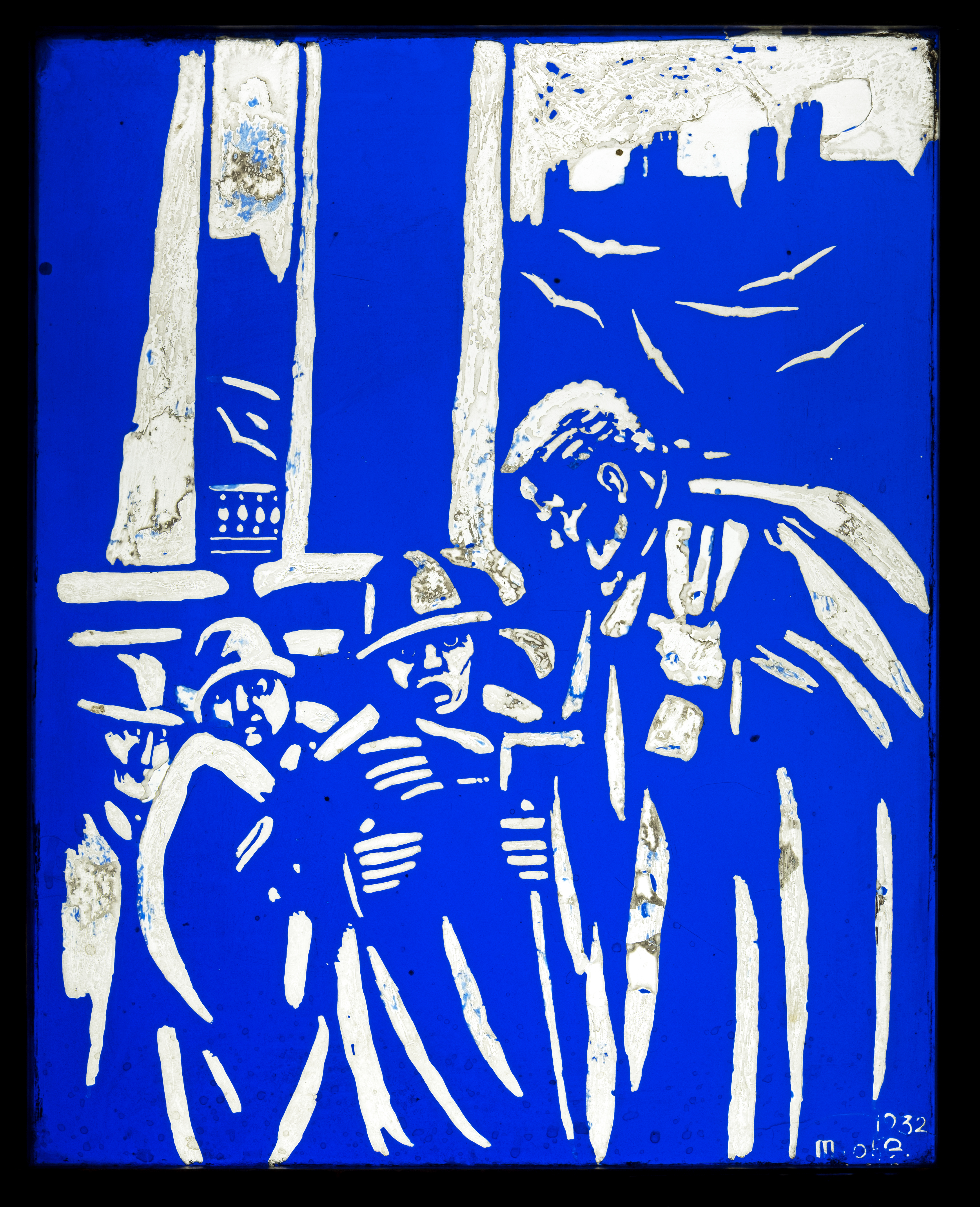 A blue acided stained glass panel, entitled 'Outside the Courts' by Micheal Healy