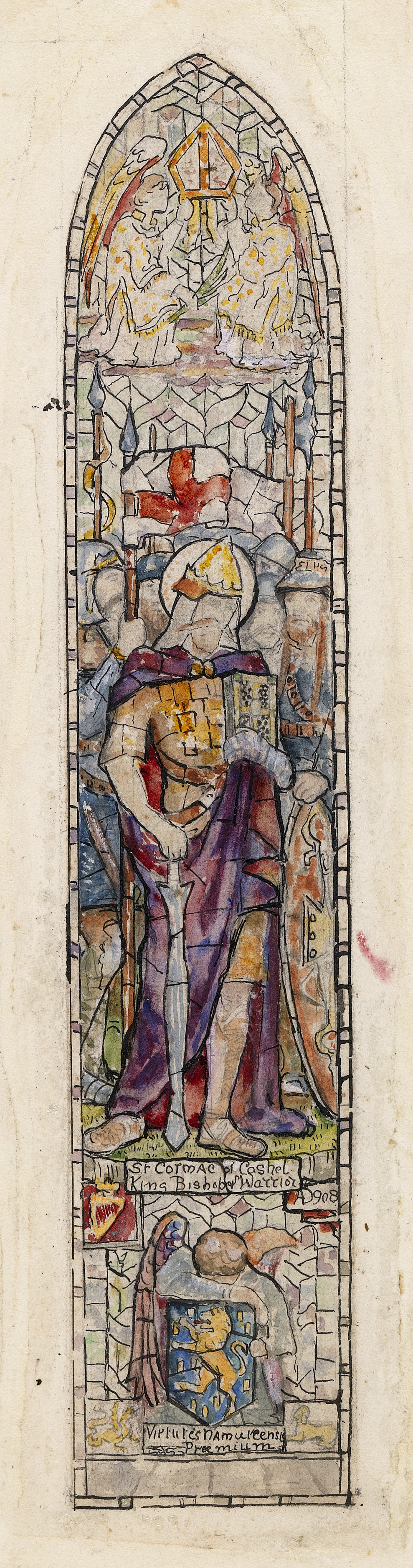 Watercolour sketch design depicting Saint Cormac of Cashel, by Sarah Purser
