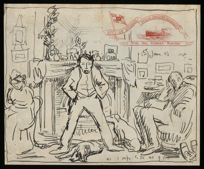  'Where I Hope To Be At 9pm' Sketch by William Orpen of the artist standing by a warm fire.