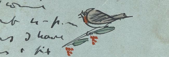 A postcard with blue paper and handwritten text signed by Mainie Jellett. The card has a small illustration in the top right corner of a robin sitting on a branch with berries.