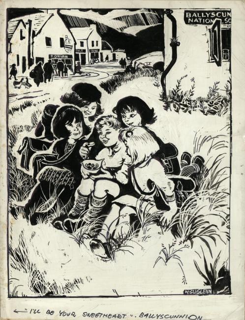 A scraperboard illustration depicting a group of children eating sweets